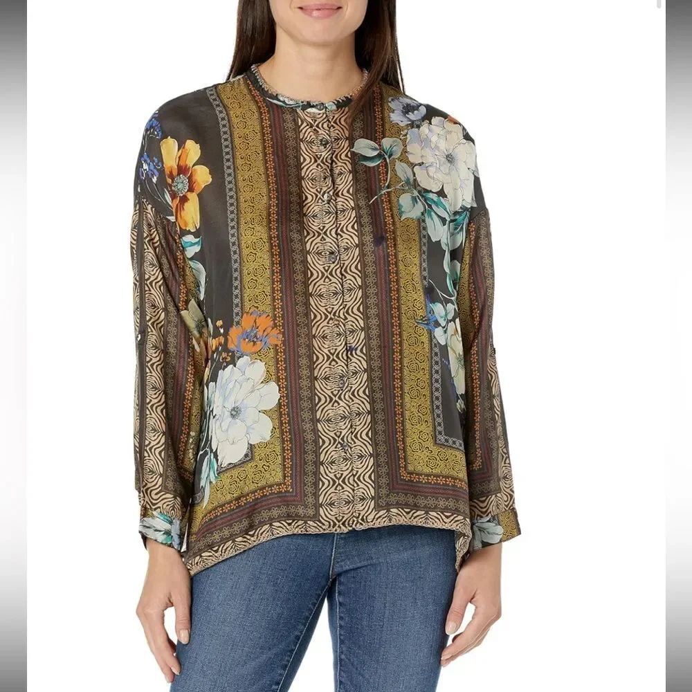 Johnny Was SilkโFloral Boho Long Sleeve Blouse Mixed Print Size M